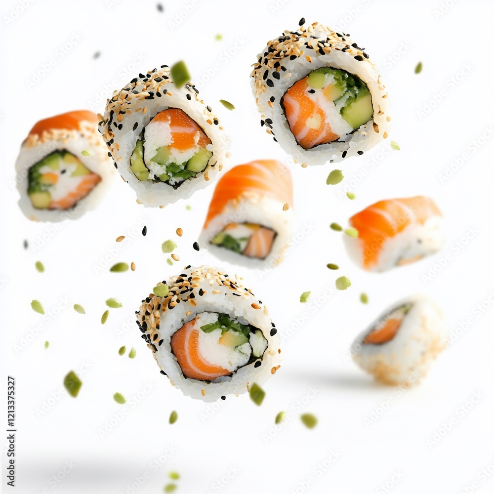 Delicious salmon sushi rolls in mid-air, sprinkled with sesame seeds and herbs, isolated on white background. Delicious salmon sushi rolls in mid-air, sprinkled with sesame seeds and herbs, isolated on white background.