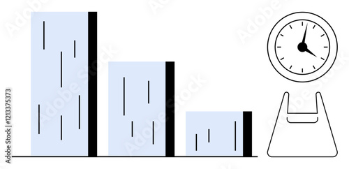 Bar graph with three descending bars, analog clock and weight scale suggesting themes of time, measurement, and progress. Ideal for business planning, goal setting, project management, time