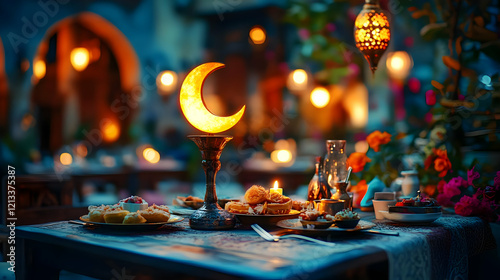 Illustration - Enchanting Evening Feast Under a Crescent Moon Lantern photo