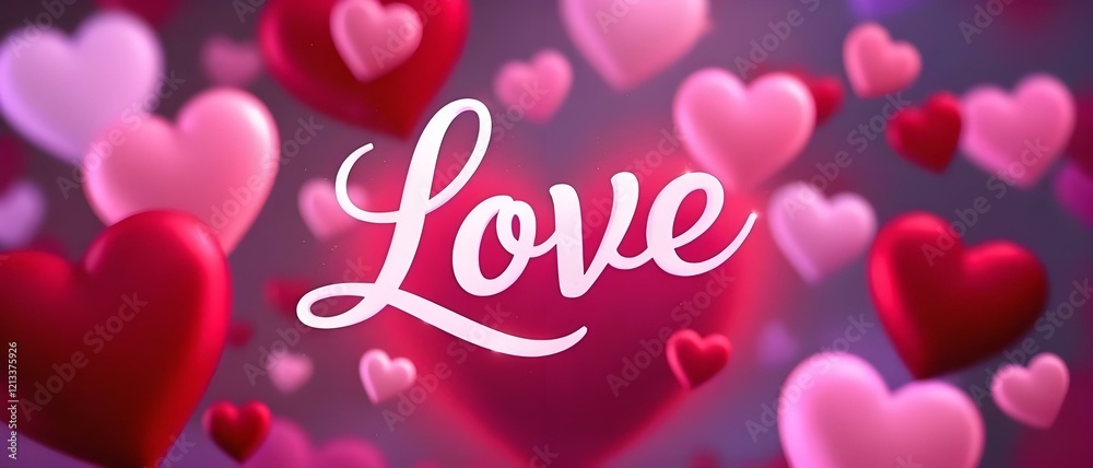 An image brimming with pink and red heart shapes and the word An image brimming with pink and red heart shapes and the word