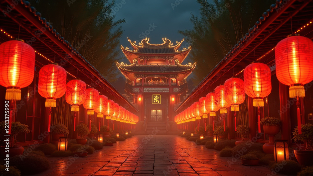 Fototapeta premium Lantern-Lit Chinese Temple Pathway - Cultural immersion