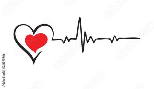 Heartbeat Life Line, A simple yet powerful graphic illustration of a red heart encased in a black outline, connected to an electrocardiogram (ECG) wave tracing, symbolizing vital signs and life,