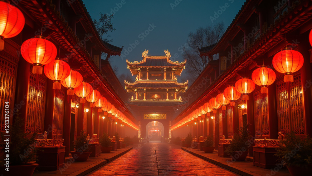 Fototapeta premium Lantern-Lit Chinese Temple Pathway - Atmospheric Photography