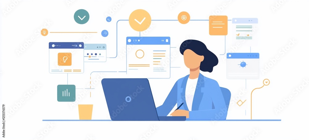 Woman working on laptop, managing multiple online tasks and data. Woman working on laptop, managing multiple online tasks and data.