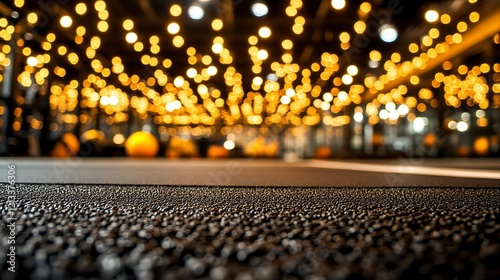 Illuminated gym floor with blurred lights overhead photo