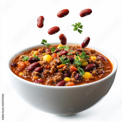 Bowl of hearty chili con carne with kidney beans, ground beef, corn, and vegetables.