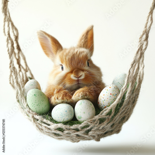 Adorable brown bunny sitting in a rustic rope hammock filled with green grass and colorful speckled Easter eggs, a festive and whimsical design with a soft white studio background