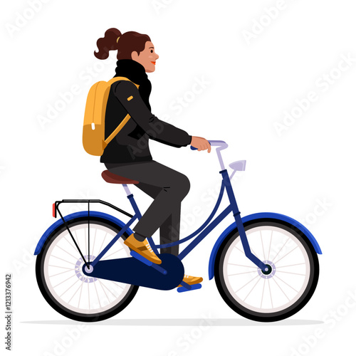 Young Woman Riding a Blue Classic Bicycle with a Yellow Backpack Biking to Work in the Morning - Urban Commuting concept. Vector illustration on white background. 