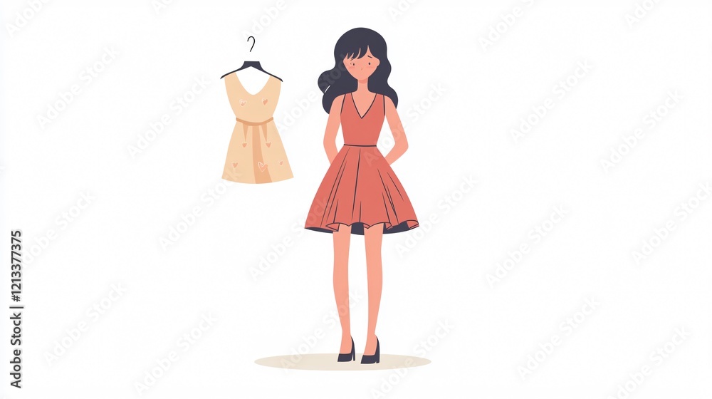 Fototapeta premium Wide Angle Centered Composition of Girl Trying on Dress
