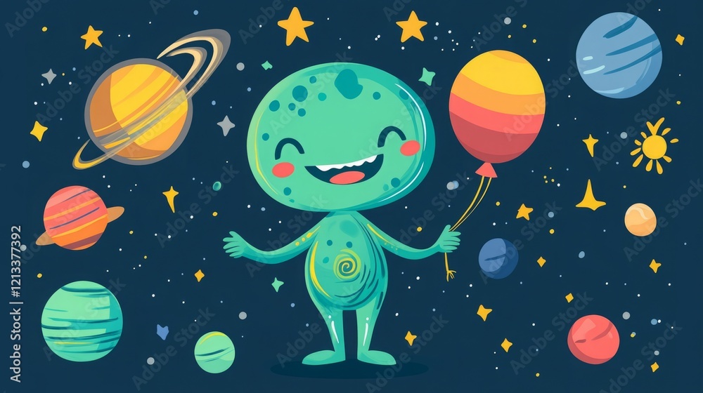 Naklejka premium Joyful alien in space holding a colorful balloon, surrounded by planets and stars.
