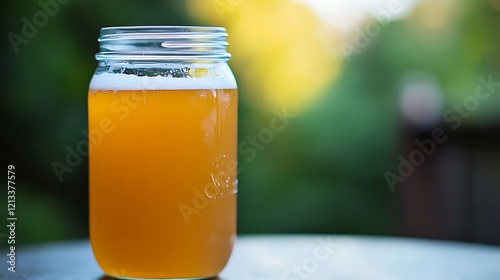 A glass jar contains a light amber colored beer
