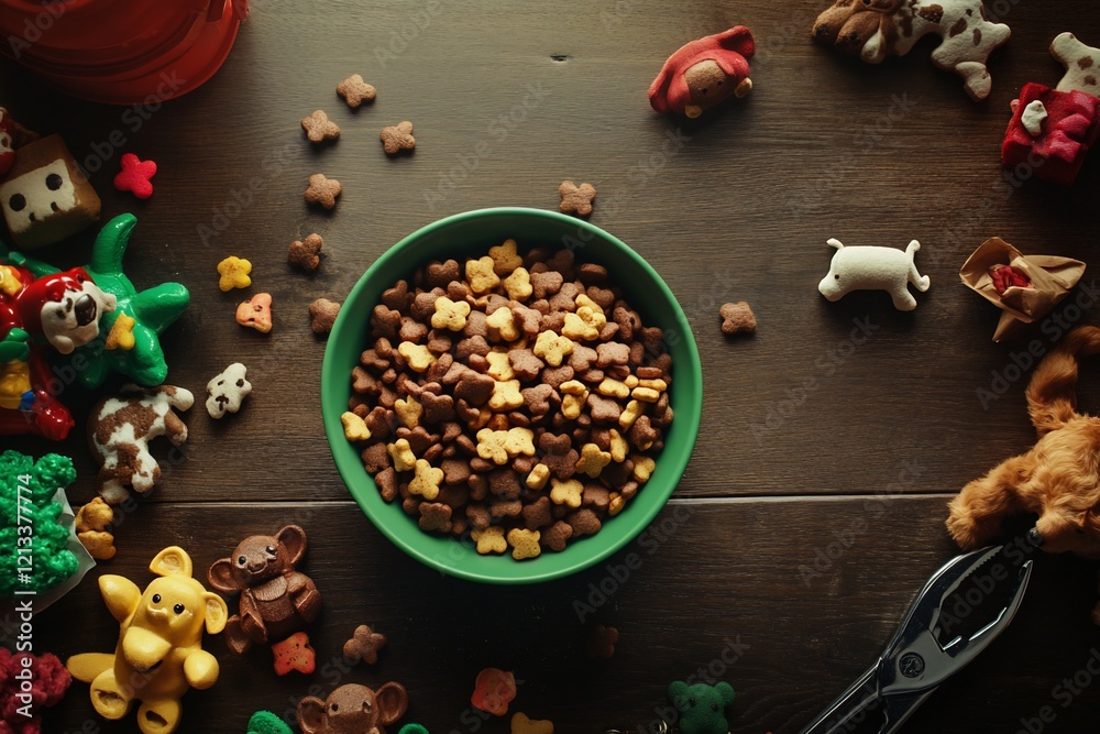 A green bowl of dog food surrounded by toys on a wooden table. A green bowl of dog food surrounded by toys on a wooden table.