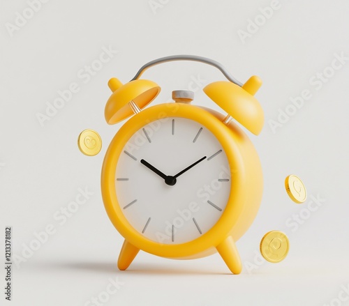 Yellow alarm clock with coins falling around it, isolated on white background.