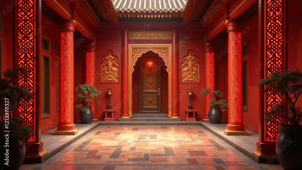 Obraz premium Red Chinese Courtyard Entrance, Asian Architecture - Asian-inspired.