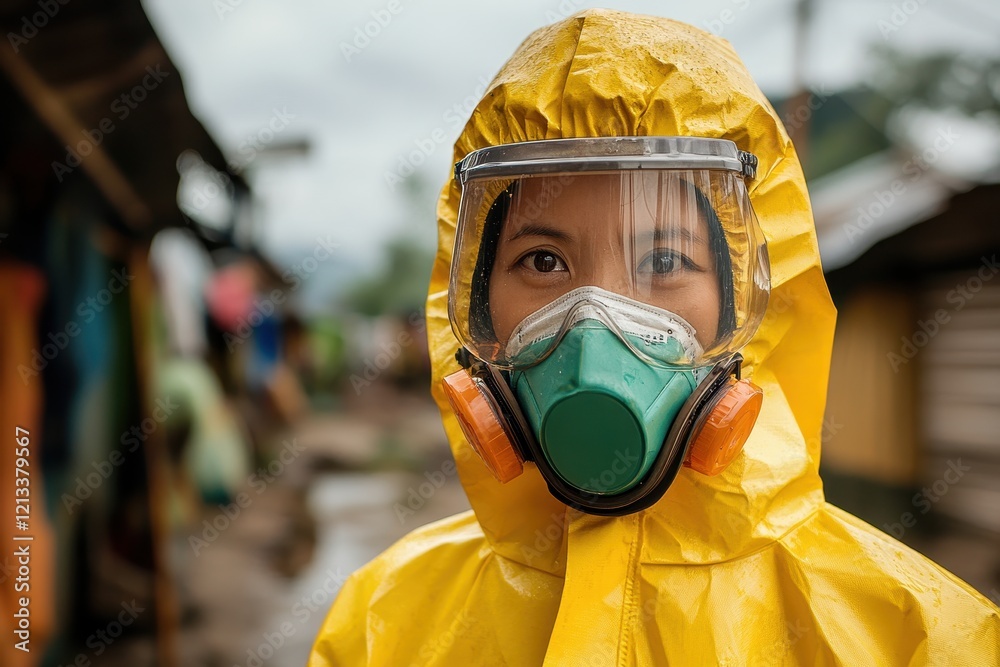 Woman in yellow hazmat suit, full face respirator. Illustrates environmental hazard, safety, or disaster relief. Woman in yellow hazmat suit, full face respirator. Illustrates environmental hazard, safety, or disaster relief.