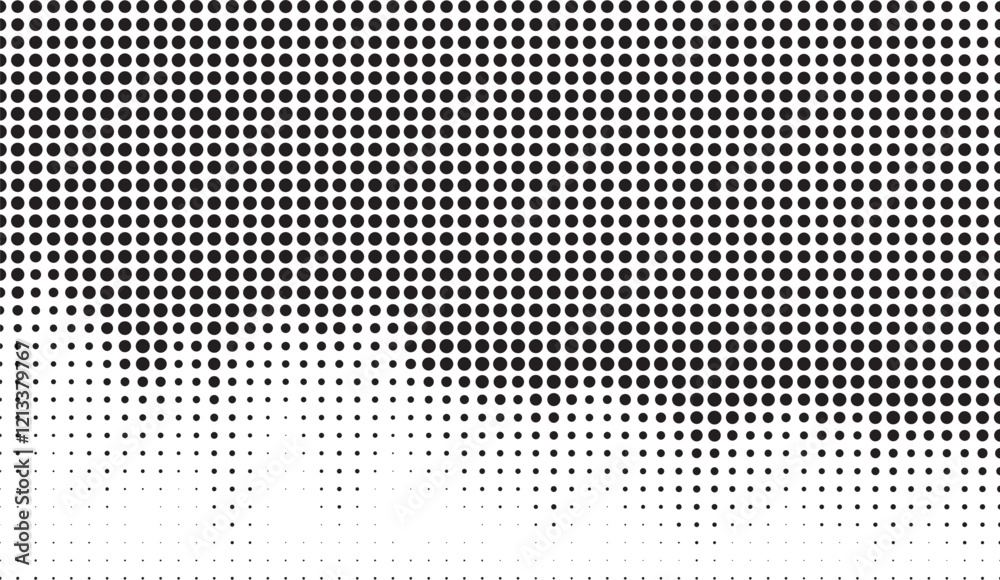 Monochromatic Halftone Gradient with Descending Circular Patterns Creating a Visual Effect of Dispersion and Density Changing Across a Plain White Background