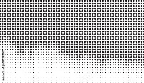 Monochromatic Halftone Gradient with Descending Circular Patterns Creating a Visual Effect of Dispersion and Density Changing Across a Plain White Background