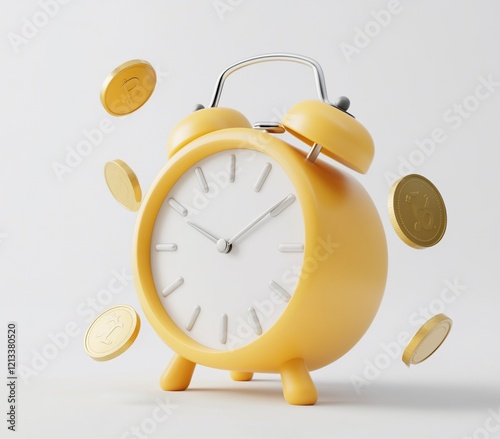 Yellow alarm clock with gold coins floating around it, representing time and money. (1) photo