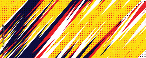 Dynamic Pop Art, Angular Red, Blue, and White Stripes on a Yellow Dot-Matrix Background, a Modern and Energetic Retro Design