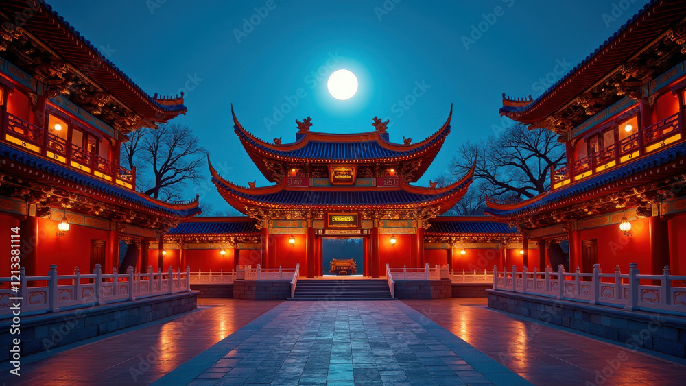 Fototapeta premium Serene Chinese Temple at Night, Full Moon - Night photography/Moody.
