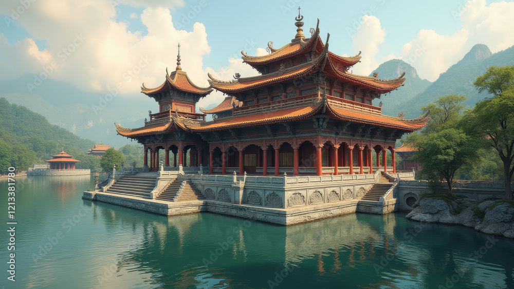 Naklejka premium Serene Chinese Temple Lake Landscape - Tranquility and serenity in .