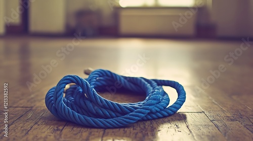 Blue Rope Coiled on Wooden Floor photo