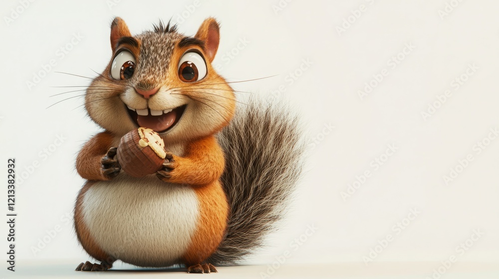 Fototapeta premium Adorable cartoon squirrel happily enjoying a tasty nut against a clean white background.