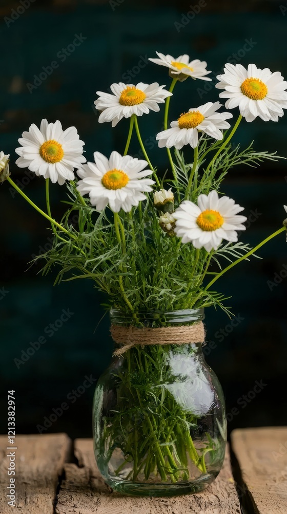 Obraz premium Rustic Daisy Bouquet in Glass Jar Spring Flowers White Daisies Floral Arrangement