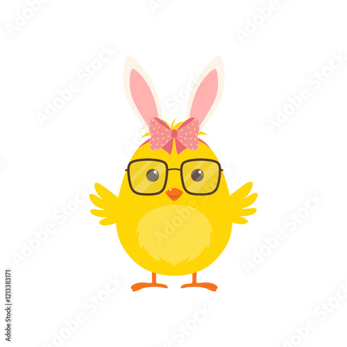 Cute little Easter chick with bunny ears. Vector illustration.