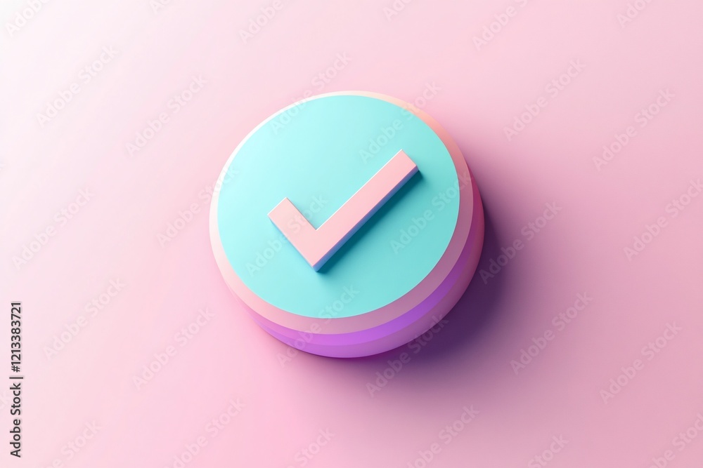 Pastel pink and blue 3D checkmark icon on pink background. Pastel pink and blue 3D checkmark icon on pink background.