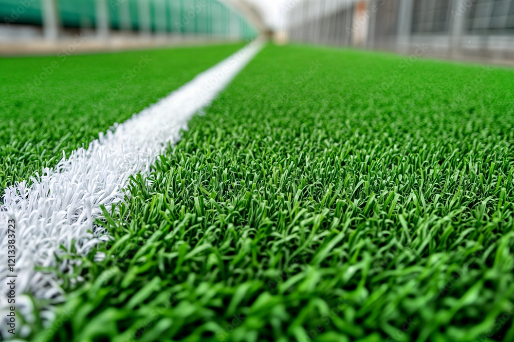 The image shows a close-up view of a well-manicured green artificial turf field with a white line marking the boundary