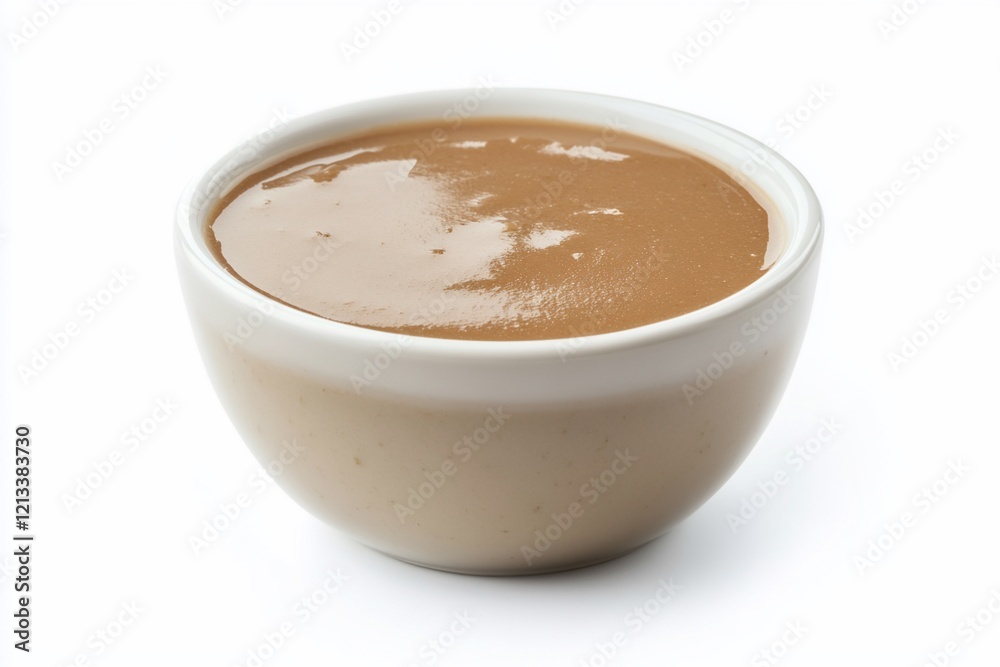 Brown gravy in a white bowl, isolated on white background. Brown gravy in a white bowl, isolated on white background.