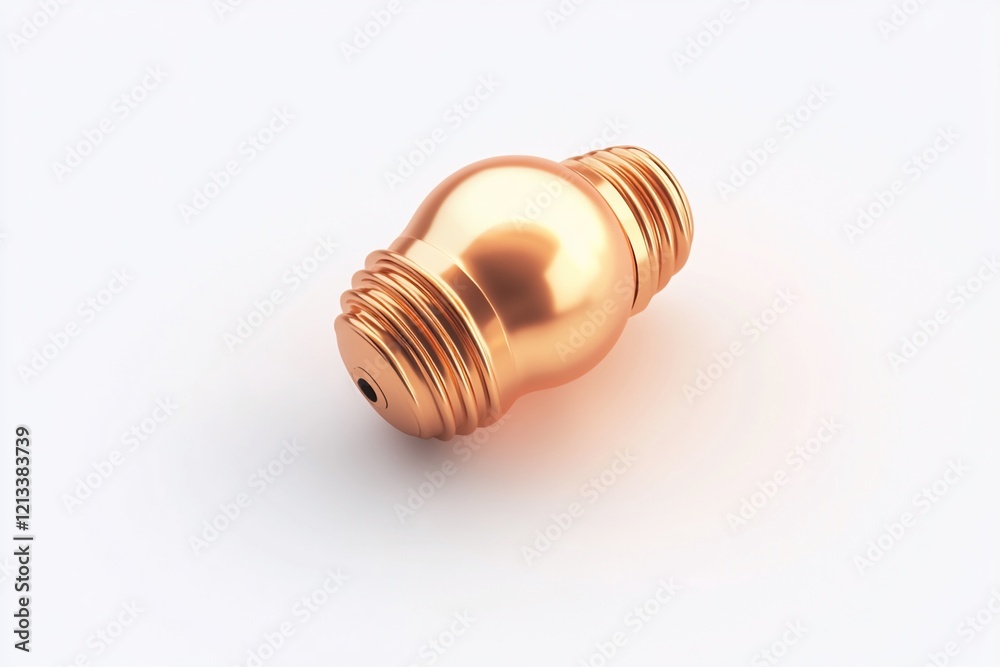 Close-up of a shiny, copper-colored, metallic object with threaded sections and a smooth, rounded central body. Close-up of a shiny, copper-colored, metallic object with threaded sections and a smooth, rounded central body.
