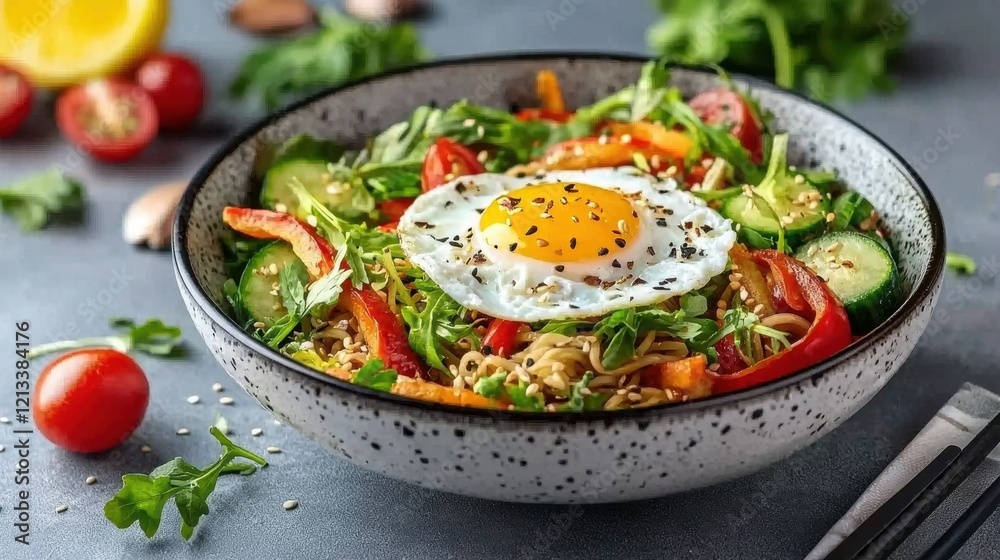 Healthy and Delicious Vegetable Salad Bowl with Fried Egg for Balanced Nutrition and Wellness