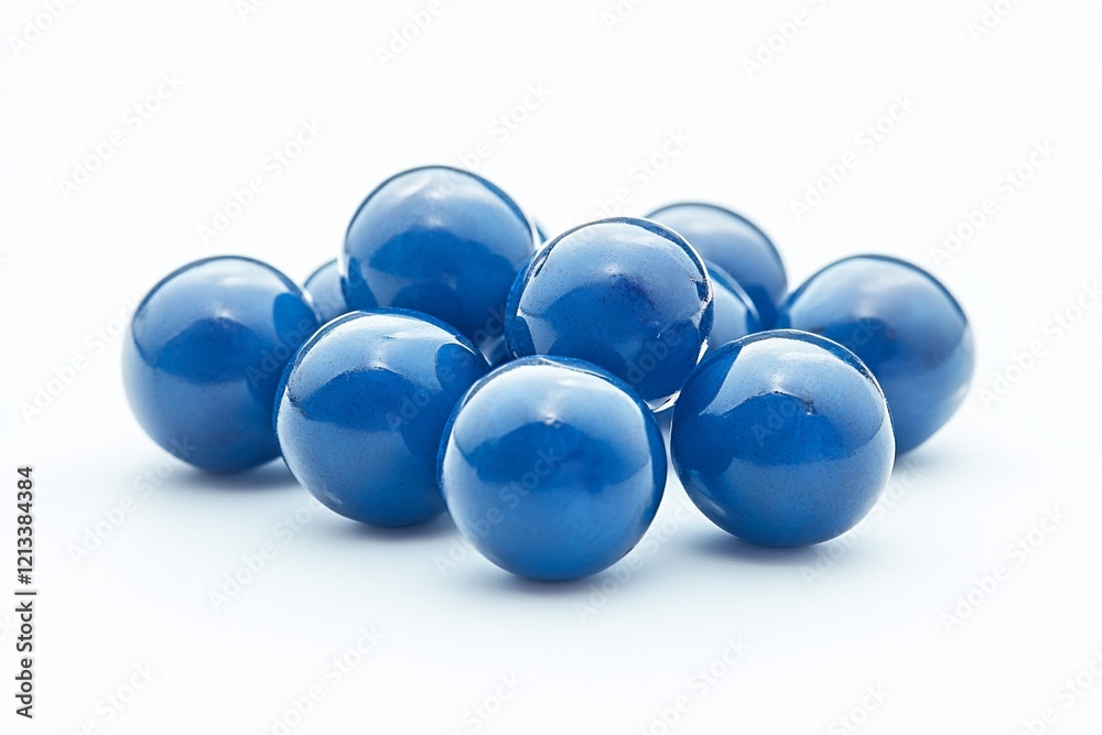 Close-up of a pile of shiny, dark blue spheres against a white background. Close-up of a pile of shiny, dark blue spheres against a white background.