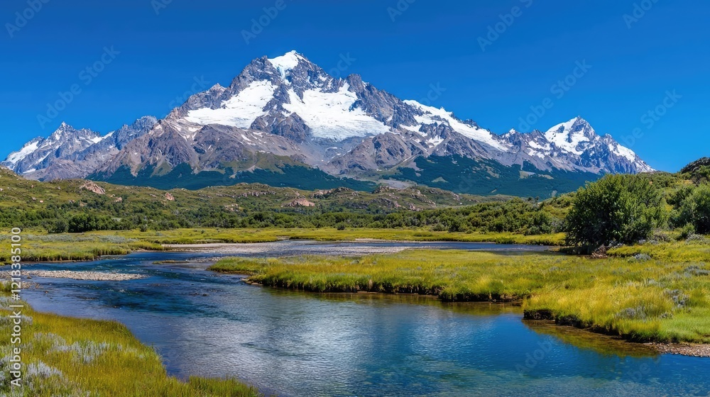 Majestic snow-capped Andes mountains reflected in a tranquil river Majestic snow-capped Andes mountains reflected in a tranquil river