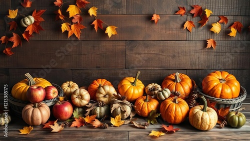 A rustic autumn harvest display with pumpkins, apples, cornucopia and fall leaves, celebration, rustic, table
