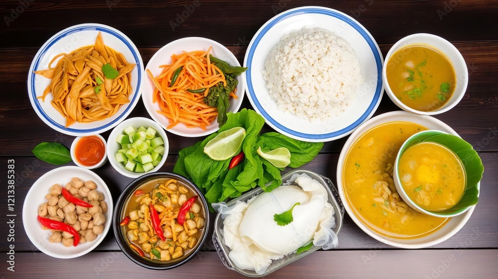 A vibrant array of Thai food selections and mixes, including pad thai, green curry, tom yum soup, and mango sticky rice, Thai, assorted, dishes A vibrant array of Thai food selections and mixes, including pad thai, green curry, tom yum soup, and mango sticky rice, Thai, assorted, dishes