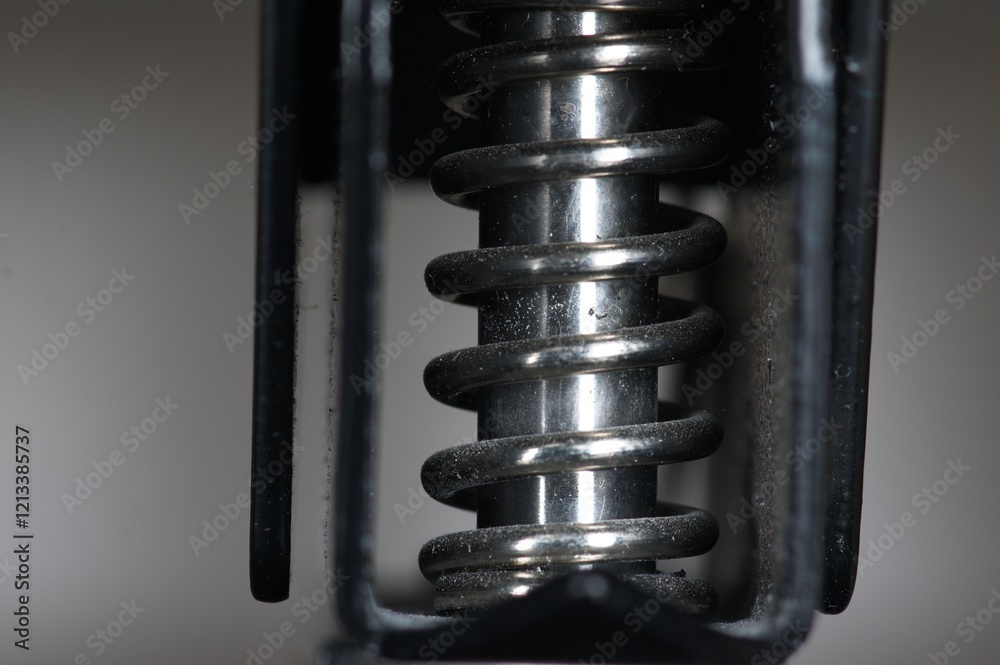 Close up of steel spring around metal pin Close up of steel spring around metal pin