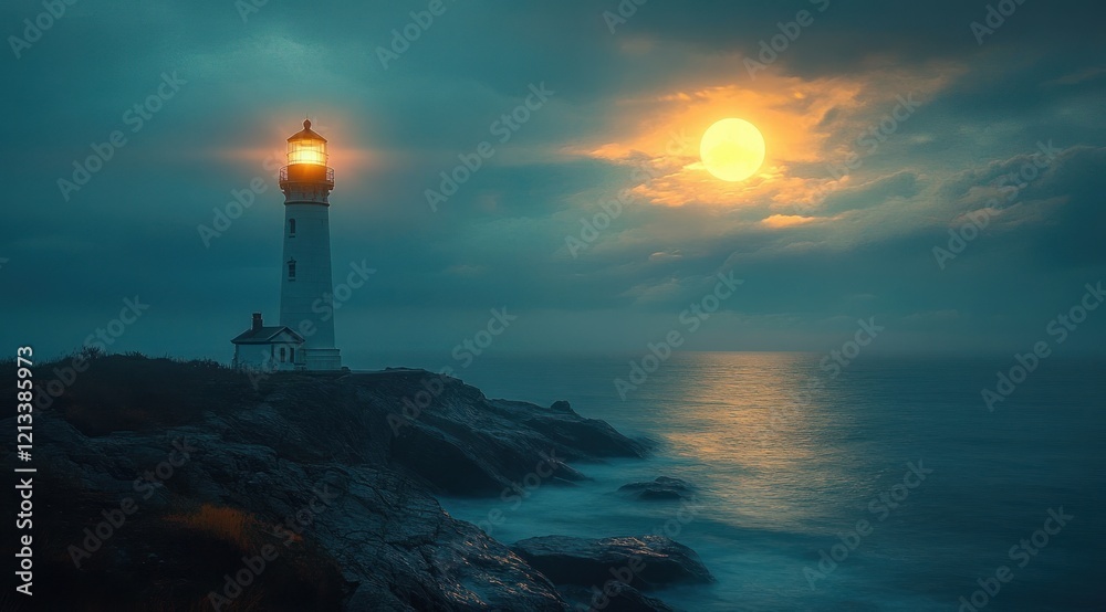 Fototapeta premium Lighthouse Illuminating Misty Ocean Waves and Rocky Cliffs at Dusk Creating Moody Coastal Seascape