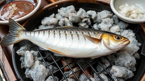 Close-up shot of a salt crusted grilled ayu sweetfish cooking over charcoal, a traditional Japanese delicacy, ayu fish, traditional, delicious photo