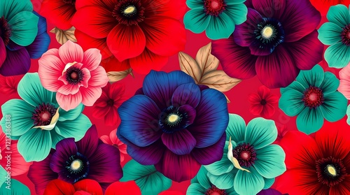 A bold seamless pattern composed of large scale floral blooms in rich jewel tones of ruby red, sapphire blue, and emerald green, with a detailed botanical illustration style, emphasizi.