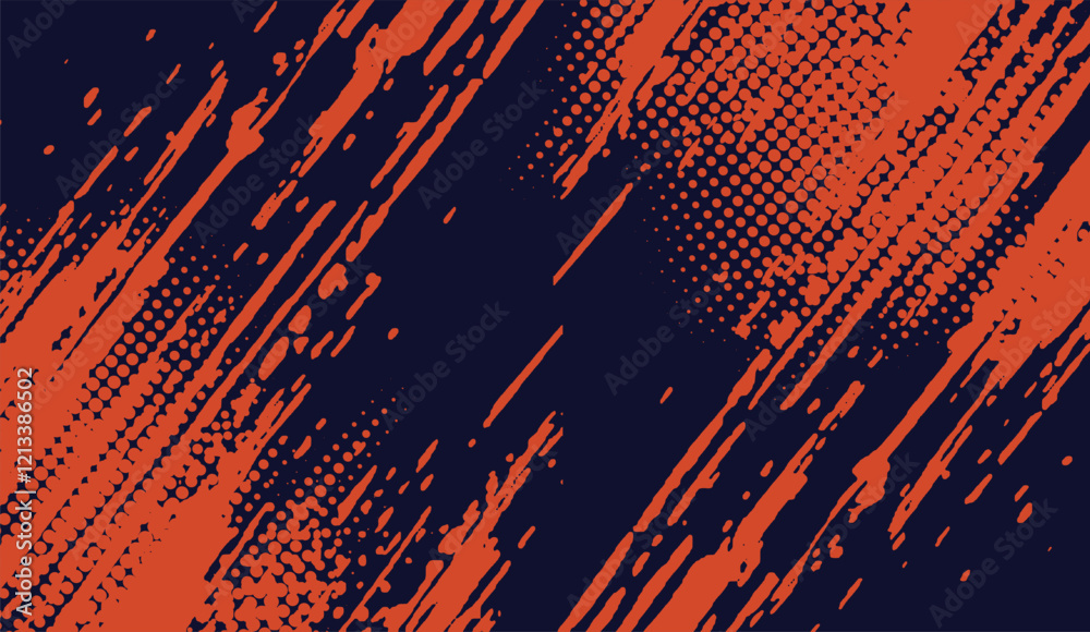 Abstract Orange Splash and Dots Texture Over Deep Navy Blue Background With Grunge and Halftone Effects