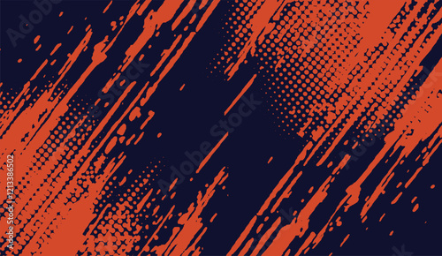 Abstract Orange Splash and Dots Texture Over Deep Navy Blue Background With Grunge and Halftone Effects