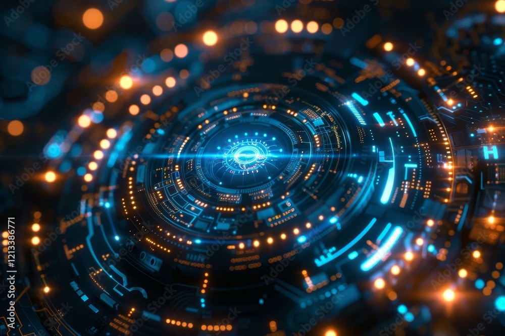 Abstract futuristic tech background with glowing blue and orange lights. Abstract futuristic tech background with glowing blue and orange lights.