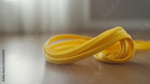 Yellow plastic cord looped on wooden floor
