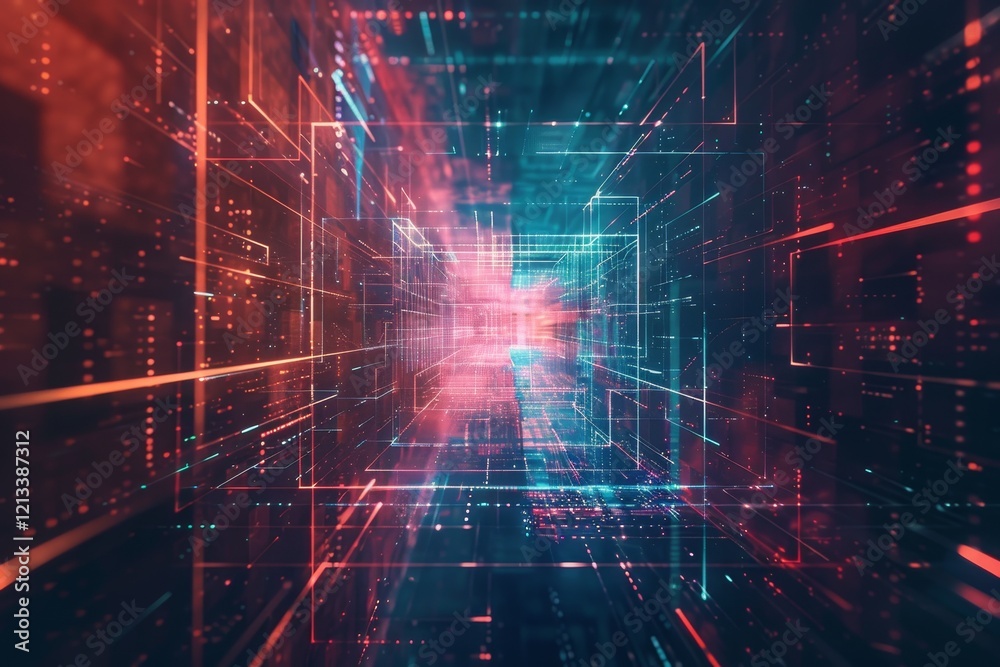 Obraz premium Abstract digital art background with glowing lines and squares in red and blue.