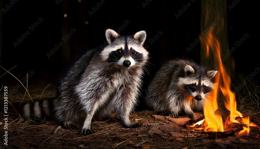 Obraz premium Raccoons Gathered Around a Campfire in a Forest at Night