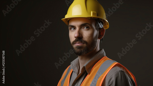 Retrato de trabajador con chaleco reflectante con casco amarillo de seguridad.