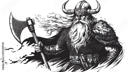 Viking warrior with battle axe and flowing beard sketch engraving black and white with horned helmet and cape